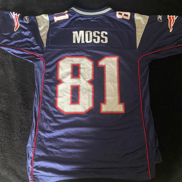 VTG Reebok NFL New England Patriots Jersey 81 Moss Blue Football Size Medium - Picture 1 of 3